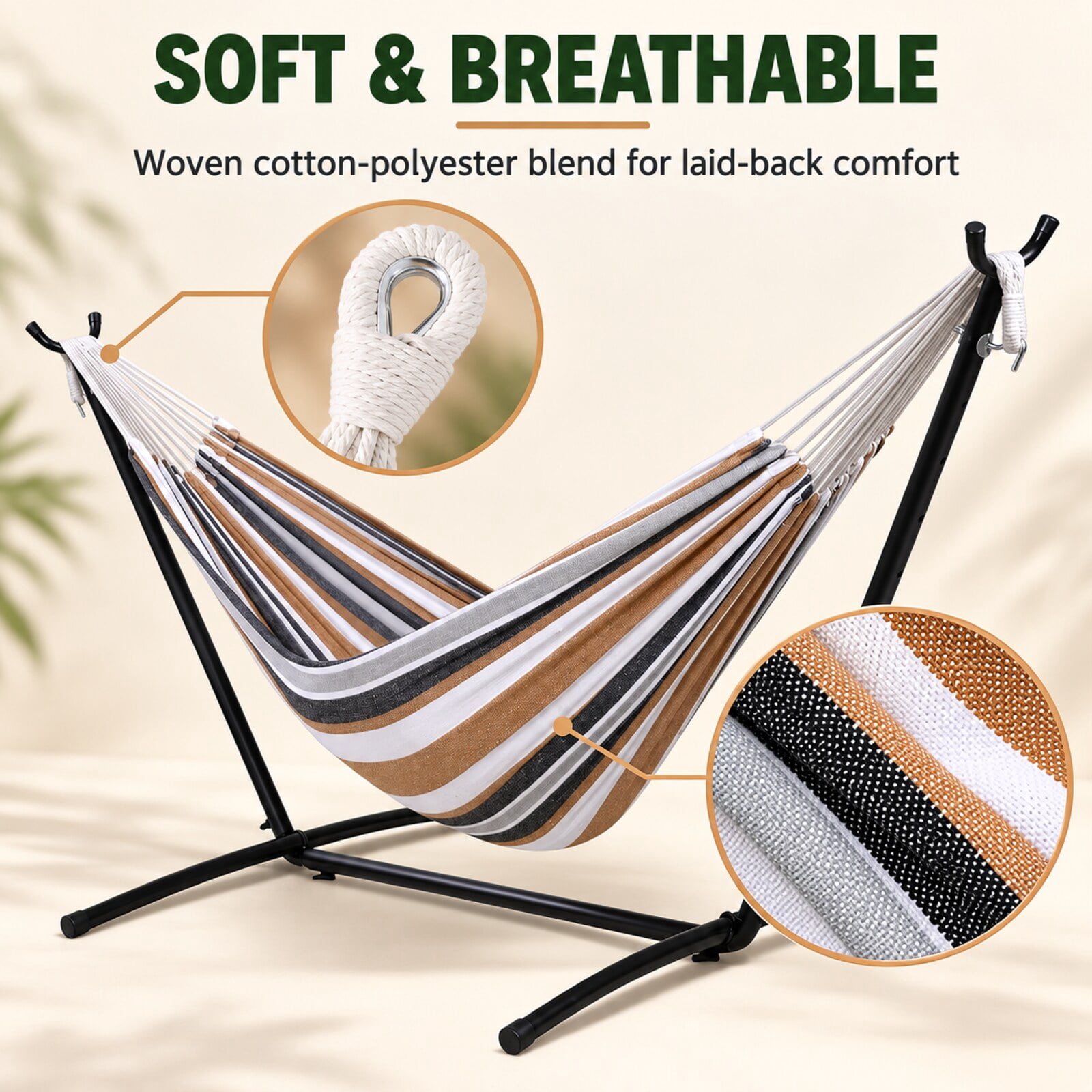 Inolait Portable Double Hammock with Stand, 2-Person Outdoor Hammock with Carrying Bag Stripe Pattern