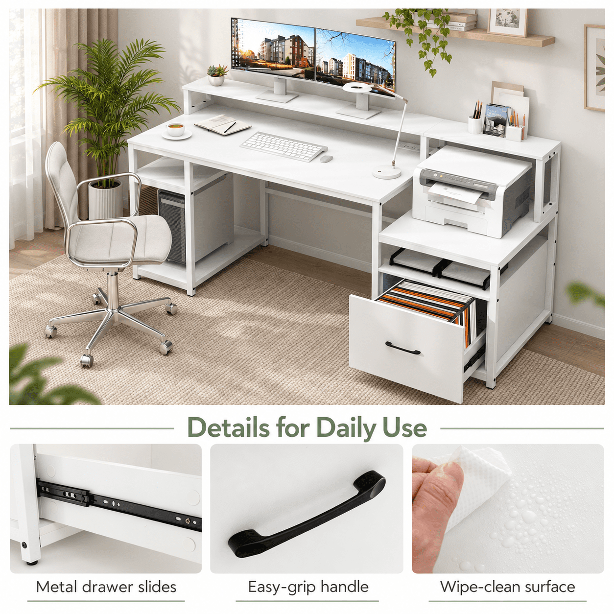 Furnibear 67 Inch Computer Desk With Monitor Stand and File Drawer, Large Home Office Desk With Power Outlets USB and CPU Stand, Rustic Brown