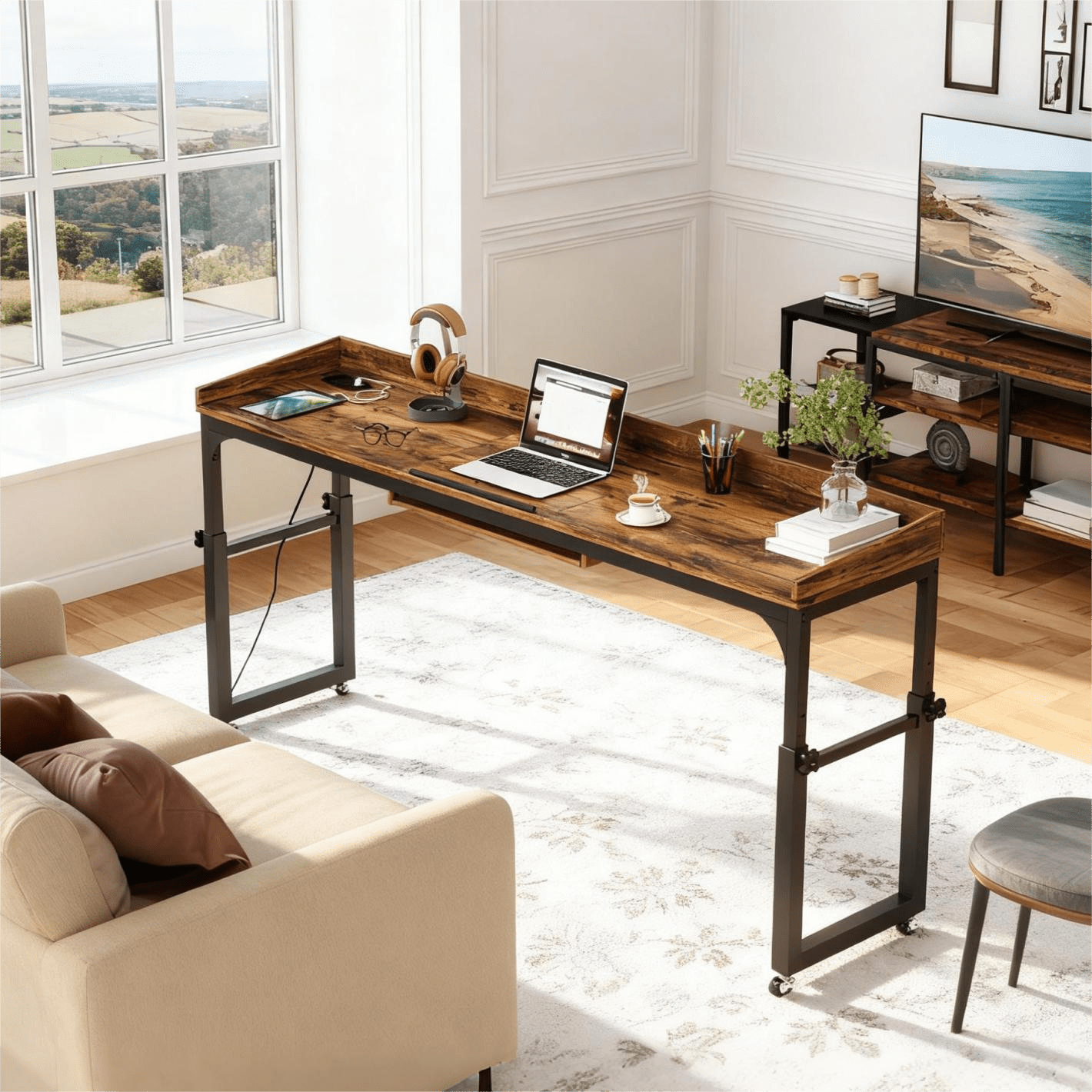 Fnova Overbed Table with Wheels, Height Adjustable Rolling Desk with Power Outlets & USB Ports, Tiltable Stand, for Queen Bed, Laptop Computer, Portable Hospital Home Use