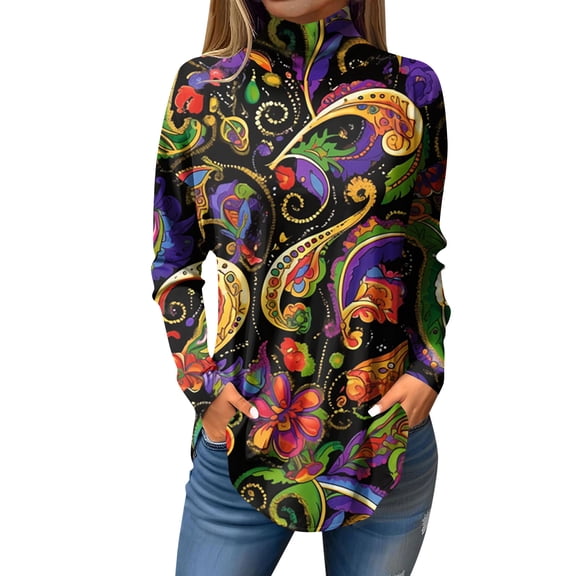 Mardi Gras Shirts Womens Feathers Print Sequins Mock Neck Tunic Tops Carnival Long Sleeve Purple T Shirts Green S