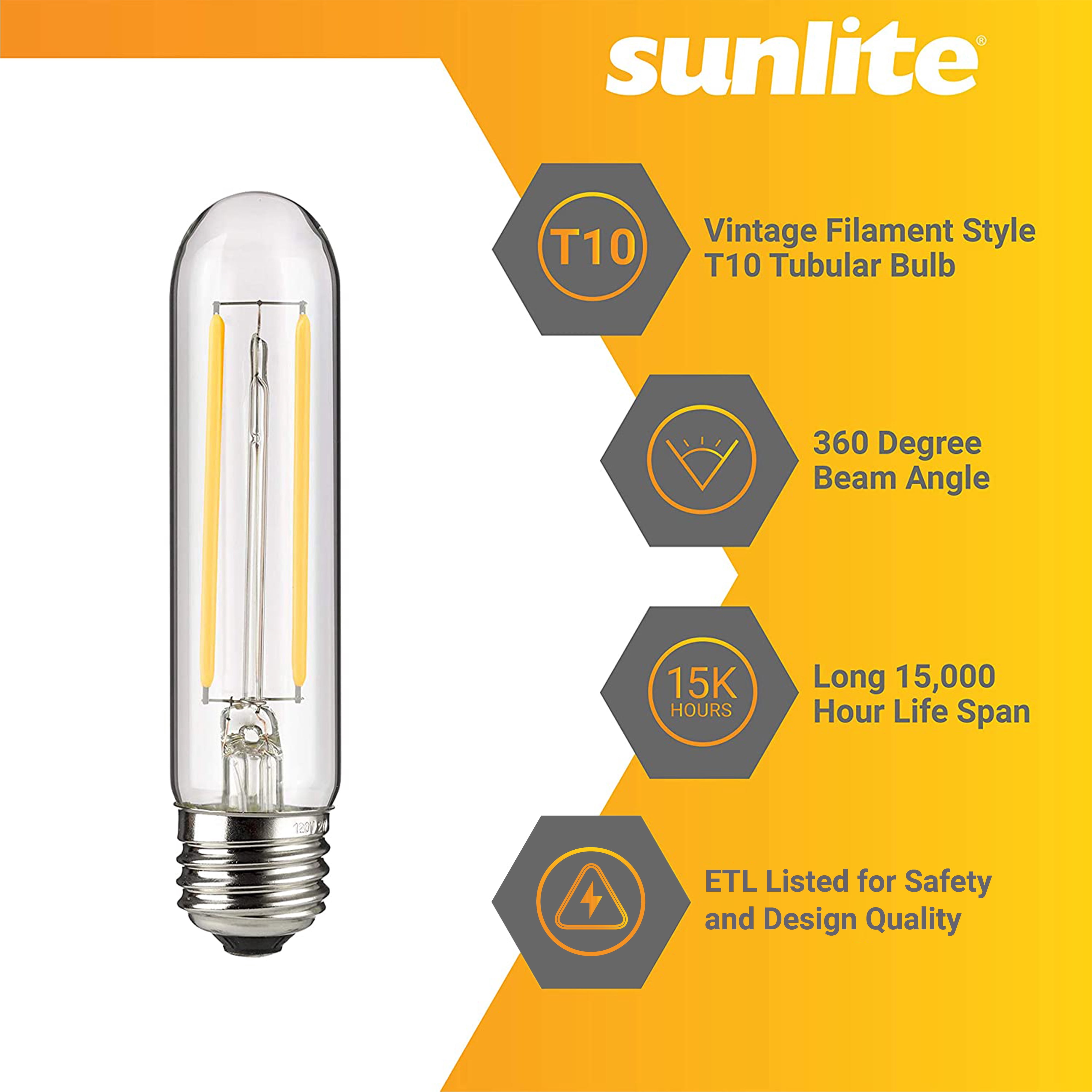 Sunlite LED Filament T10 Tubular Light Bulb, Vintage Edison Style, E26 Base, 2 Watts (25W Equivalent), 160 Lumens, Dimmable, ETL Listed, 2200K – Amber, 6 Pack