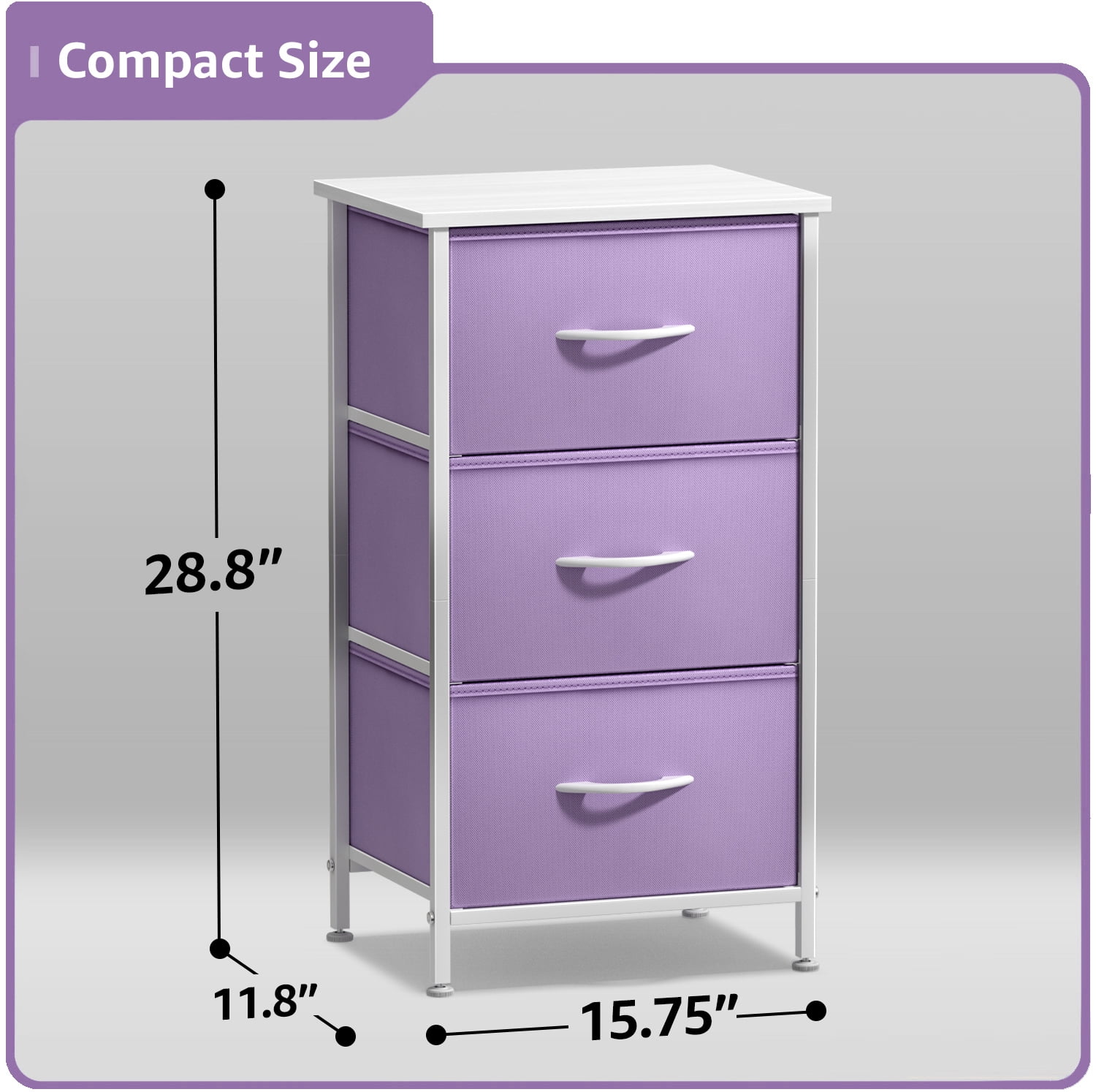 Sorbus 3-Drawer Nightstand with Steel Frame, Wood Top, Fabric Bins, Purple