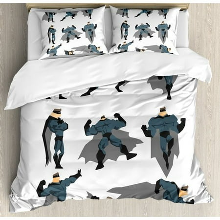 Superhero Duvet Cover Set Fun Cartoon Man In Costume Posing