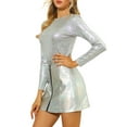 thumbnail image 4 of MODA NOVA Junior's Streetwear Long Puff Sleeve Crew Neck Metallic Shiny Blouse Silver XL, 4 of 5