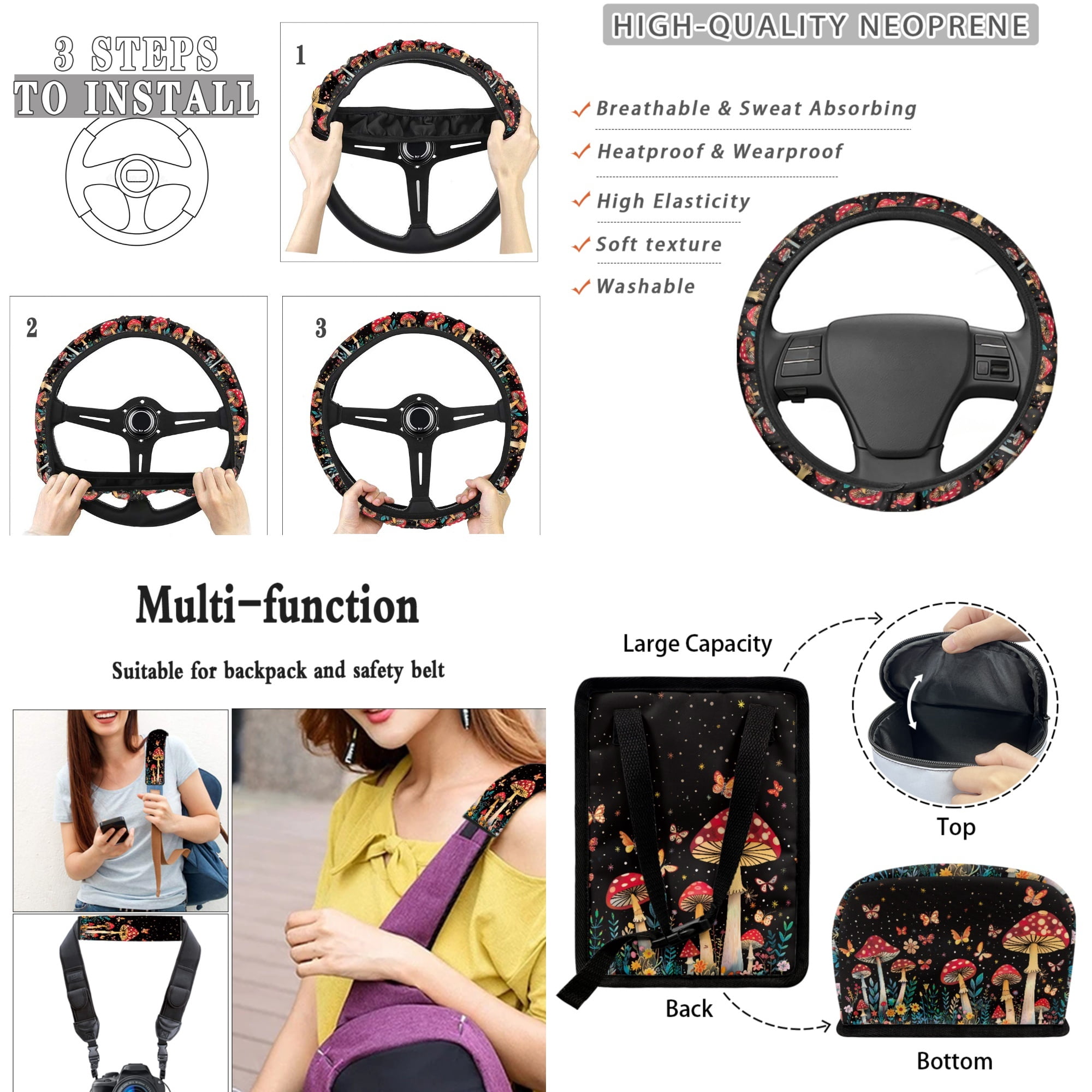 Yuyamidu Aesthetic Mushroom Car Seat Cover Set with Steering Wheel Cover Safe Belt Pads Cup Holder Rear View Mirror Cover Keychain Butterfly Gabage Bin Auto Cup Mat Air Vent Storage Bag 15 Pack