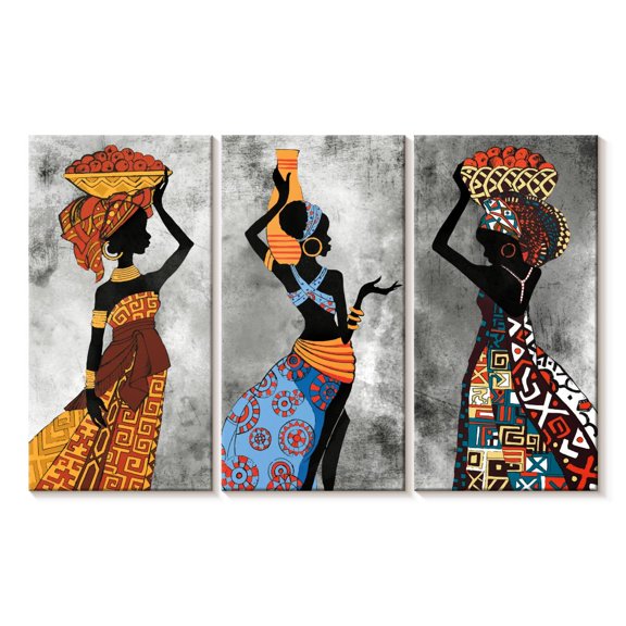 Elephant Stock Ethnic African Woman Wall Art - Horizontal Multi Panel Canvas - Living Room Wall Decor - People Multi Panel - Gray And Black Decor - 33" x 20"