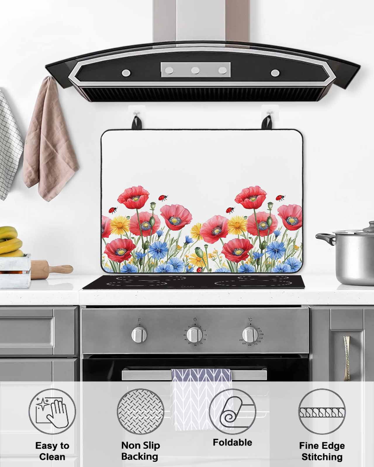 nqOlkjepod Large Induction Cooktop Protector Mat 36"x21", Red Blue Floral Stove Top Covers for Electric Stove, Independence Day Watercolor Wildflower Stove Burner Cover Mats, Glass Top Stove Cover
