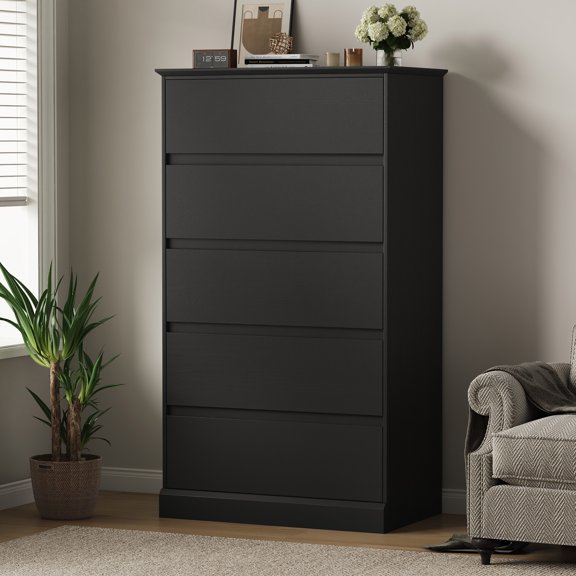 Black Dresser Bedroom Dresser, Tall Wood 5 Drawer Dresser & Chest of Drawers for Closet, Living Room Hallway Kids Bedroom