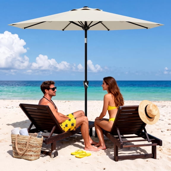 9FT Outdoor Patio Umbrella, UPF 50  UV Protection Market Table Umbrella with Crank Handle & Push Button Tilt, 8 Sturdy Ribs Sunshade for Backyard, Garden and Deck