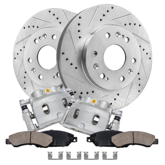 Detroit Axle - Front Brake Kit for Suburban Silverado Sierra Yukon XL 1500 Tahoe Escalade Drilled and Slotted Brake Rotors Ceramic Brakes Pads Brake Calipers Replacement: 12.99" inch Front Rotors