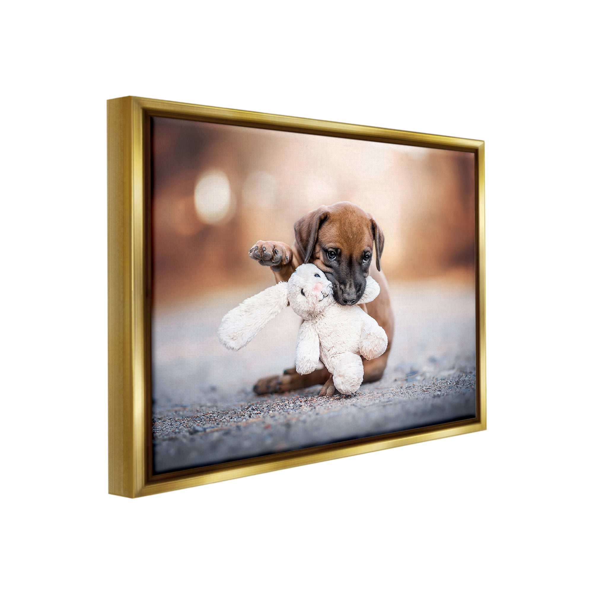 Stupell Industries Puppy with Plushie Toy Animals & Insects Painting Gold Floater Framed Canvas Art Print Wall Art, 31 x 25