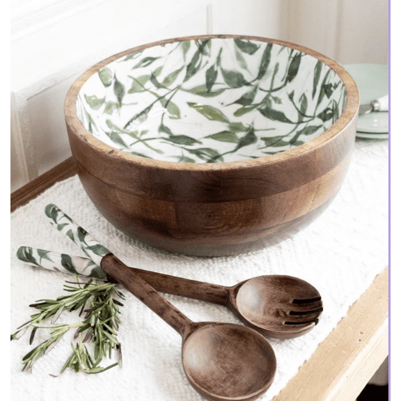 Mango Wood Salad Bowl Serving Tongs (Olive Leaf)