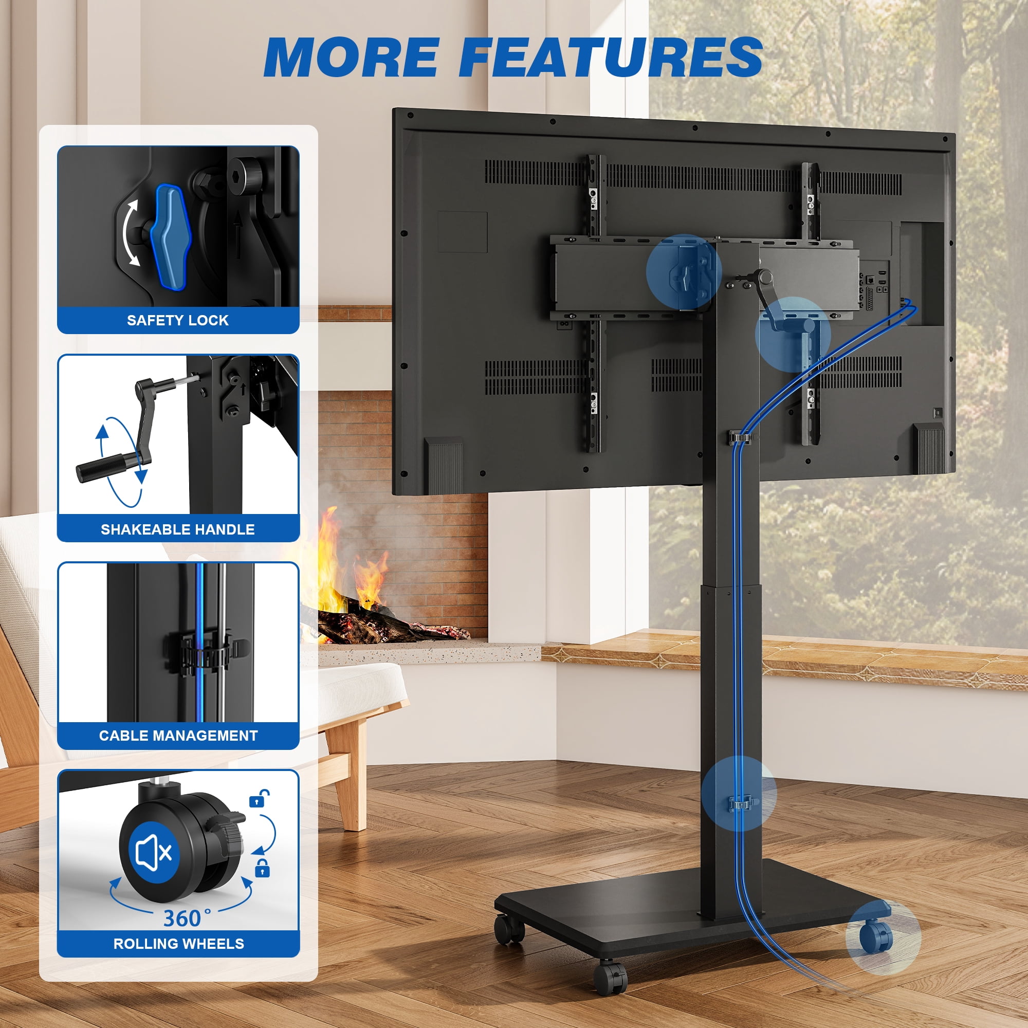 RTVR Mobile TV Cart Stand with Hand Crank Lift for 42-75 inch Screens, ±90° Rotation and ±5° Tilt Height Adjustable Swivel TV Stand with Wheels, Black