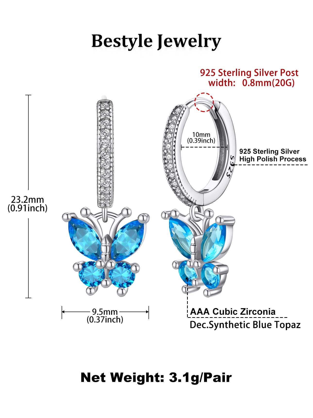 Bestyle Women Pure 925 Sterling Silver Hoop Earrings Synthetic Topaz Butterfly Birthstone Earrings for Sensitive Ear Christmas Birthday Gifts