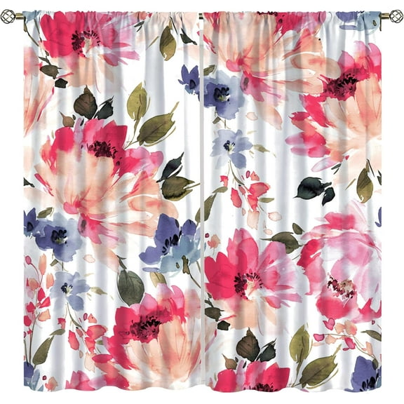 Watercolor Floral Curtains, Leafy Floral Nature Pattern Illustration Style Art Home Decor, Blackout Curtains for Bedroom Living Room, 2 Panel Set,42X54 Inch
