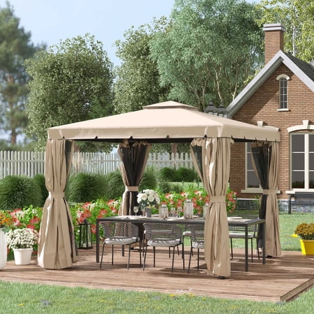 Outsunny 10' x 10' Patio Gazebo Outdoor Canopy Shelter with Double Vented Roof, Netting and Curtains for Garden, Lawn, Backyard and Deck, Khaki
