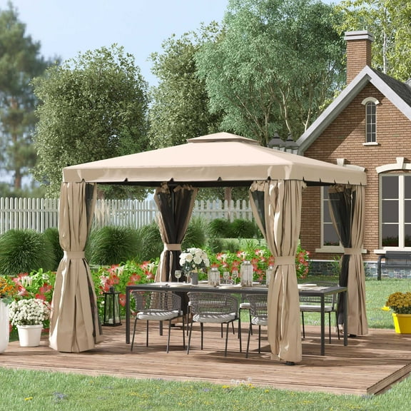 Outsunny 10' x 10' Patio Gazebo Outdoor Canopy Shelter with Double Vented Roof, Netting and Curtains for Garden, Lawn, Backyard and Deck, Khaki