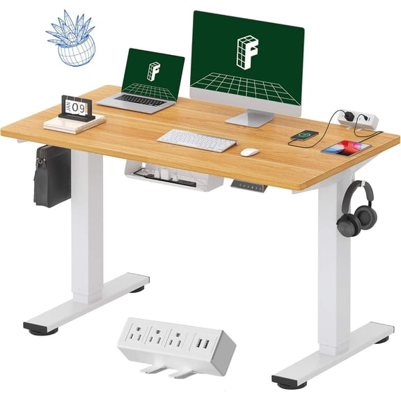 Whole-Piece Electric Height Adjustable Standing Desk with Power Strip, 48" x 24" Desktop, Cable Management, White Frame Maple Top