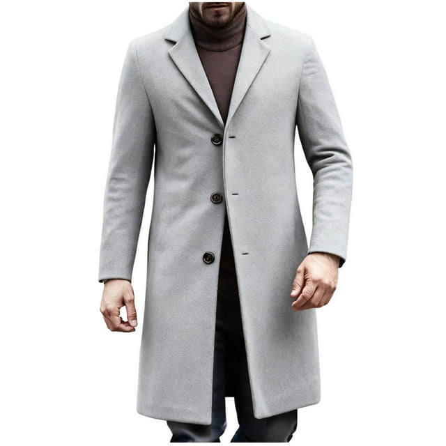 Lovzfmll Men's Wool Trench Coat Notched Lapel Button Front Pockets Long Gray, S