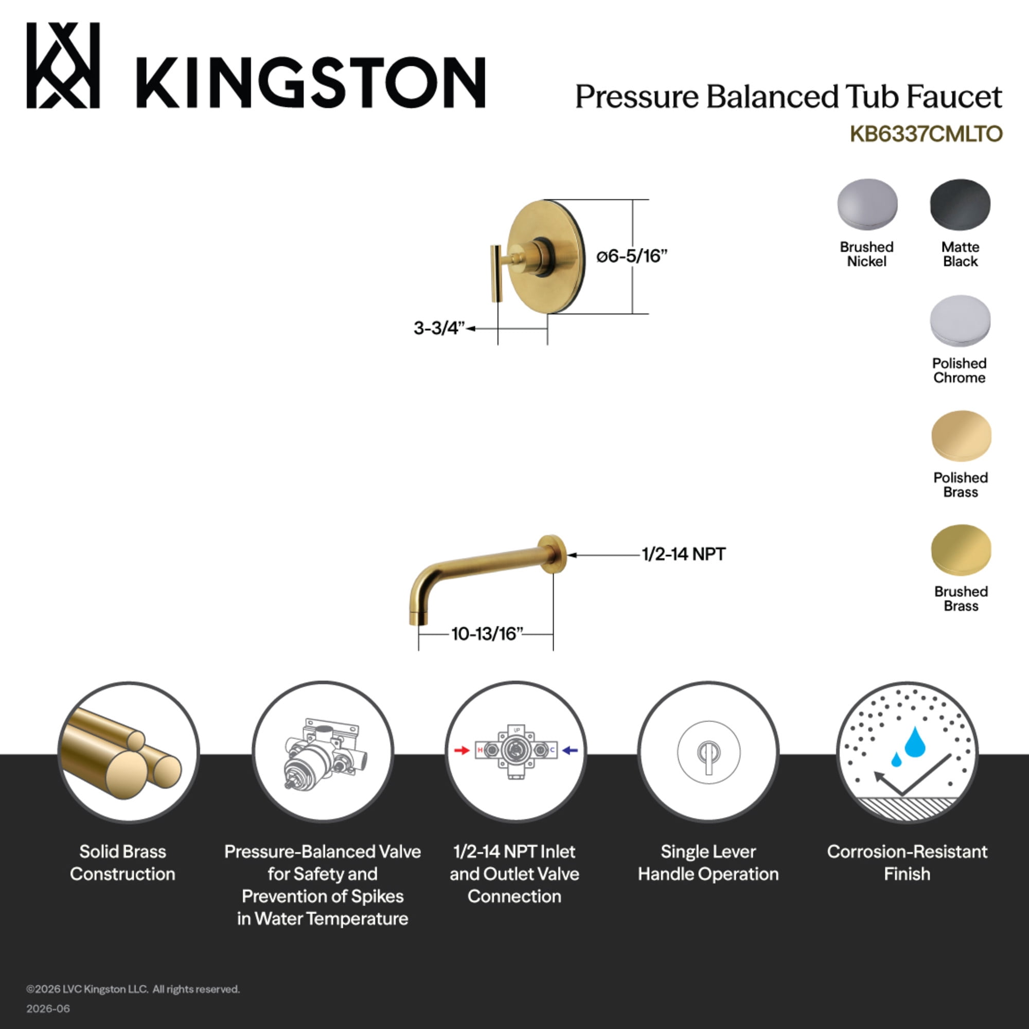 Kingston Brass KB6331CMLTO Manhattan Single-Handle Pressure Balanced Tub Faucet in Polished Chrome