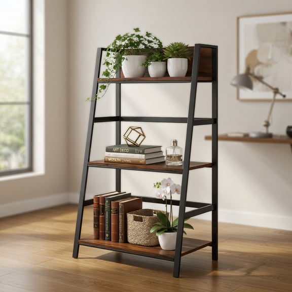 Resenkos Bookshelf,Shelf, Open Bookcase Book Shelf,Storage Shelf Unit Plant Stand,3-Tier Ladder Industrial Bookshelf with Metal Frame