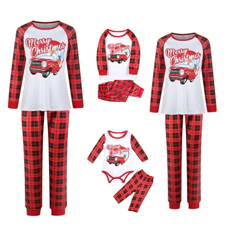 

Sunisery Christmas Pajamas For Family Christmas Car Print Casual Raglan Long Sleeve Tops and Plaid Pants Sleepwear