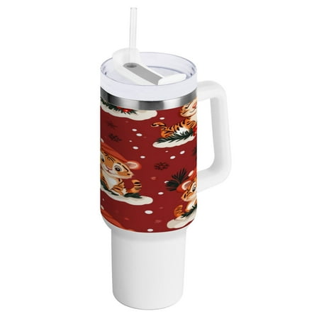 

40 Oz Car Handle Water Bottle 10.8x3.85 Inch Handle And Straw Travel Water Bottle Reusable Stainless Steel Water Bottle Christmas Cartoon Tiger Seamless