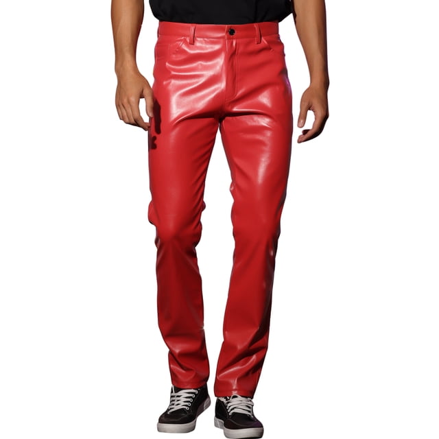 Pantalones de Cuero PU para Hombre INSPIRE CHIC Estilo Casual con Botones 30 Rojo