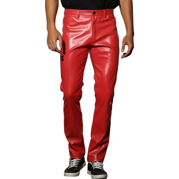 Pantalones de Cuero PU para Hombre INSPIRE CHIC Estilo Casual con Botones 34 Rojo