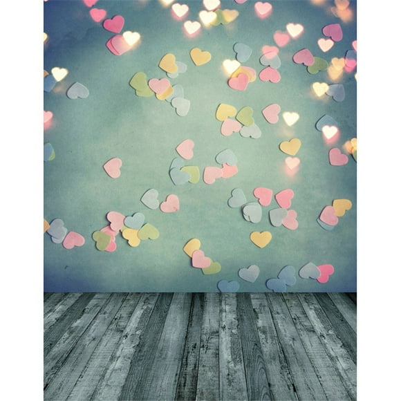 YUSDECOR 5x7ft Photography Backdrop Green Wall Glitter Pink Hearts Gold Light Dots with Grey Wood Floor Baby Photo Backgrounds for Studio