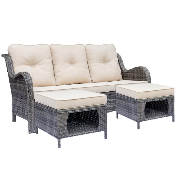 Fulljojor 3 Pieces Rattan Outdoor Patio Furniture Seating Sofa and Ottoman Set