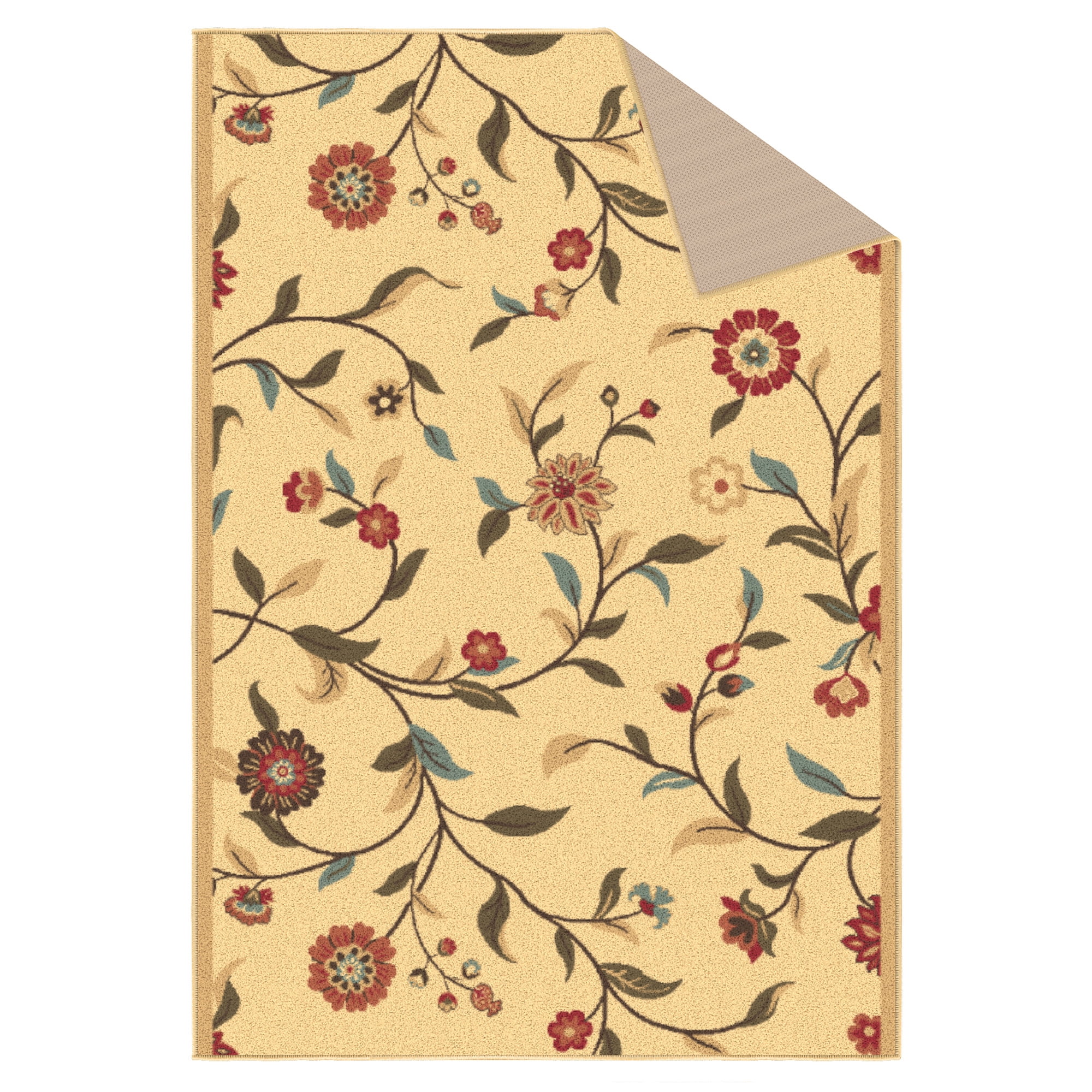 Ottomanson 2'7" x 5' Area Rug – Non-Slip Low Pile Stain Resistant Rug for Bedroom & Entryway, Floral Beige