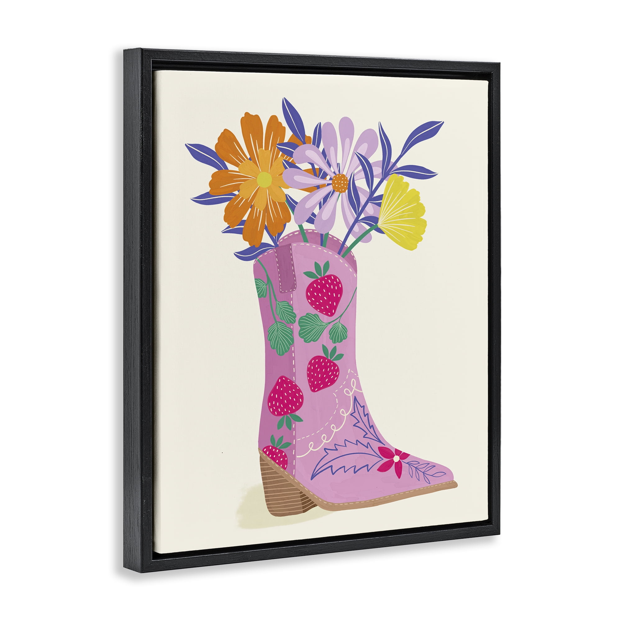 Stupell Industries Strawberry Patterned Floral Boots Plants & Flowers Painting Black Floater Framed Canvas Art Print Wall Art, 25 x 31