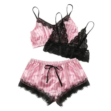 Yuhangmm 3pc Women Lace Bra Stain Silk Camisole Pajamas Sleepwear Shorts Lingerie Set Choker Lingerie