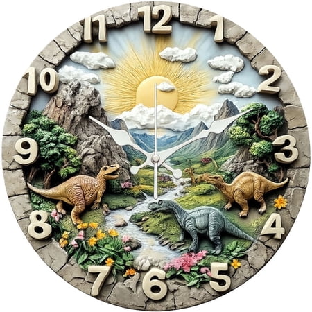SBEMP10 Inch Silent Wall Clock, 3D Dinosaur Valley s Decorative Wall Clock, Battery Operated Non-Ticking Round Clock for Living Room Bedroom Nursery Home Decor