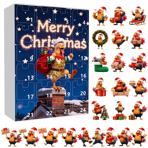 Chicken Advent Calendar 2025, Hanging Decorations for Xmas Tree, 24 Days ChristmasCountdown Toys with 24PC Acrylic Chicken Ornaments Christmas Advent Calendar with 24PC Christmas Ornaments E