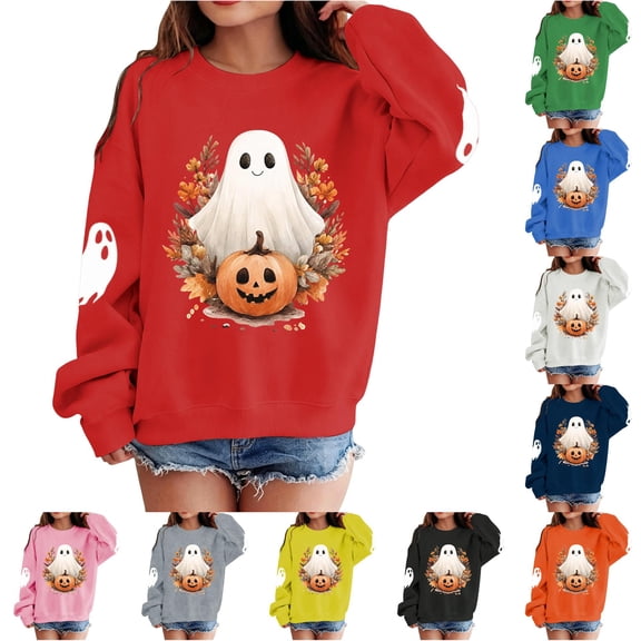 Girls Halloween Print Crewneck Sweatshirt Long Sleeve Fleece Pullover For Kids