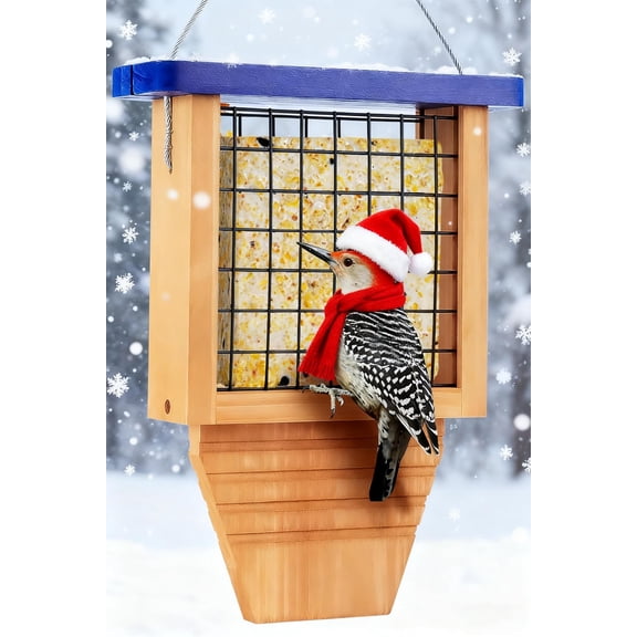 Wooden Suet Bird Feeder for Outside , Woodpecker Suet Feeder with Tail Prop, Bird Feeder for Birds, 1 , Blue