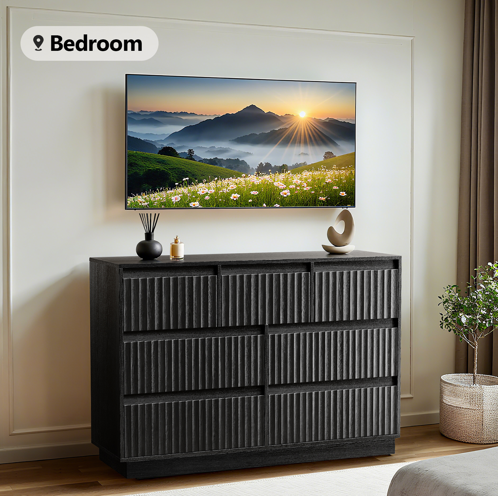 UPGO Wood Dresser, 7 Drawer Dresser for Bedroom, Modern Chest of Drawers with Deep Drawers Waterproof Living Room, Hallway, Entryway,Black