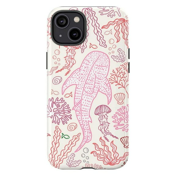 Whale Shark Ocean Phone Case, Cute Pink Coral Reef Jellyfish Aesthetic Protective Cover for iPhone 16 15 14 13 12 11 Pro Max Plus Mini