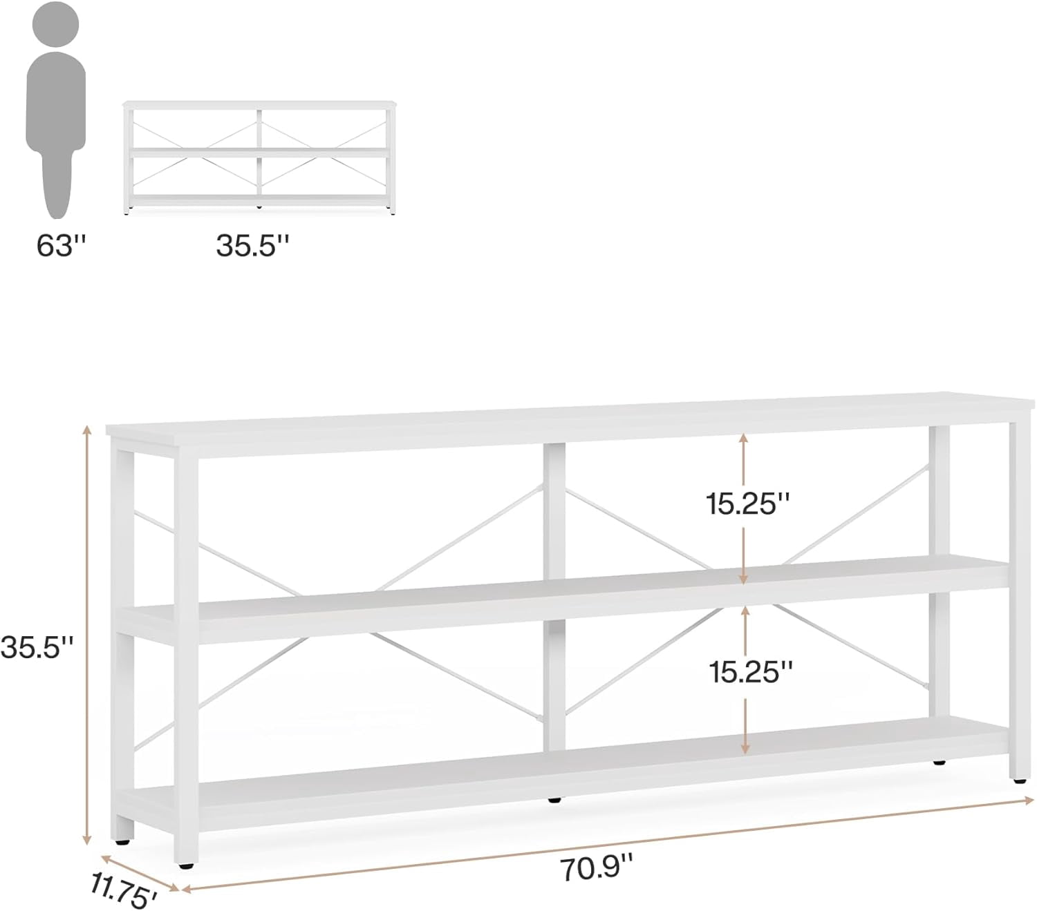 Tribesigns 70.9-Inch Console Table, 3-Tier Industrial Sofa Table with Metal Frame, Couch Table with Storage Shelves for Living Room Entryway Hallway Foyer (White)