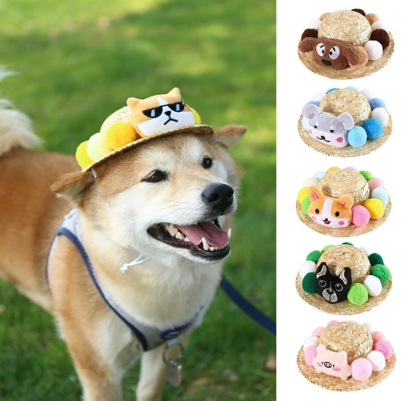 LiMimmuu Pet Hat Dog Sunscreen Hat Cartoon Pet Hat with Colorful Pompoms Adjustable Cord for Small Dogs