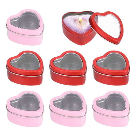 Heart Shaped Candle Tins with Clear Window Lids, 2 oz Empty Metal Tin Cans for Candle Making Candies Gifts DIY Crafts, Red and Pink, Pack of 8
