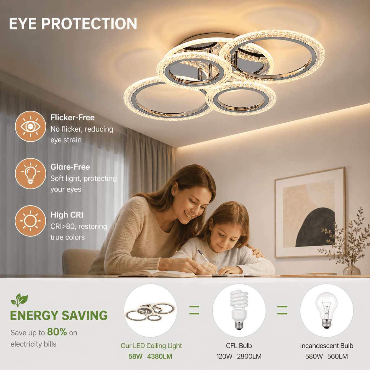 Garwarm Chrome 6-Ring LED Ceiling Light, Modern Dimmable 3000K-6500K Flush Mount Ceiling Light with Remote, Acrylic Ring Ceiling Lamp Fixture for Living Room, Dining Room, Bedroom