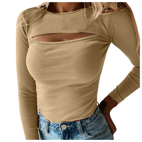 T Shirts for Women Casual Tops Autumn Chest Cutout Long Sleeved Ribbed Tee Shirt Top