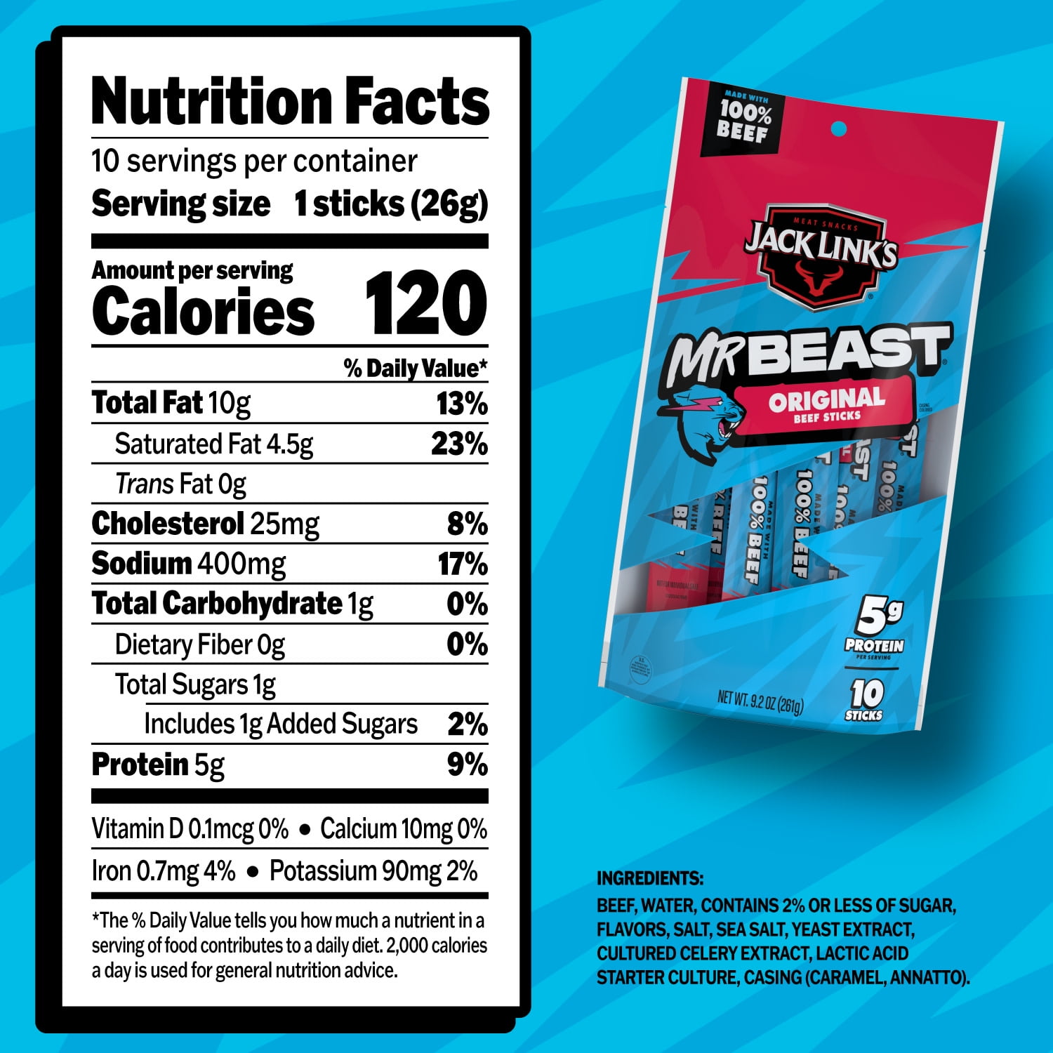 Jack Link’s x MrBeast Original Beef Sticks, 9.2 Ounce, 10 pack of .92 Ounce meat sticks