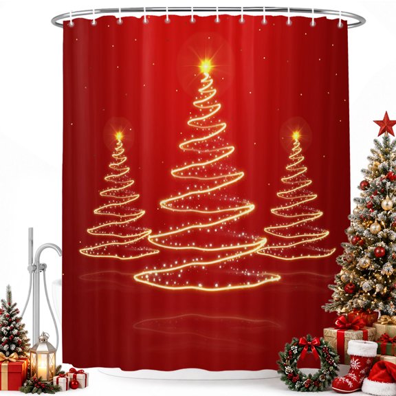 Golden Christmas Tree on Red Shower Curtain for Bathroom, Xmas Waterproof Shower Curtains Washable Quick Dry with Hooks Bathtub Curtains 36x72IN