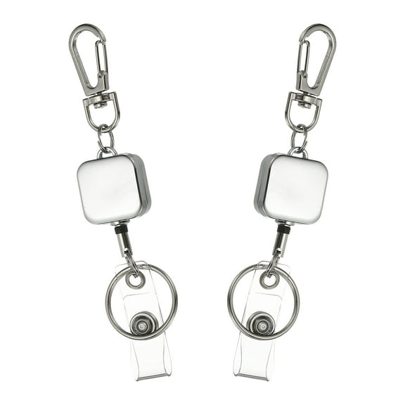 Uxcell 2Pack Retractable Keychain, Metal Badge Reels Retractable Badge Holder Clips with Key Rings for Name Card Key Conferences Office, Silver(Square)