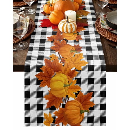 Fall Table Runner Thanksgiving Harvest Pumpkin Maple Leaf Table Runners Black Buffalo Plaid Cotton Linen Dresser Scarf Kitchen Dining Table Decor for Fall Holiday Party Decor 13x90 Inch