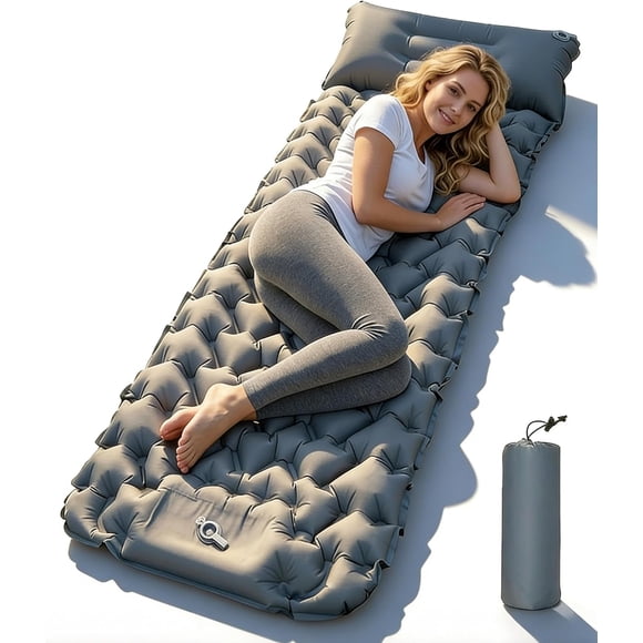 Tapis de Détente Portable Zone de Détente Pliable Coussin de Couchage Gonflable Épais en Mousse Mémoire avec Pompe à Pied Auto-Gonflante Intégrée pour le Camping Gris